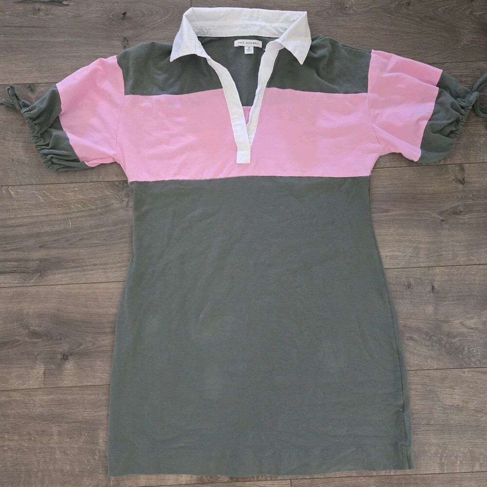 Free Assembly Womens Rugby Polo Dress Medium Green Pink Colorblock Short Sleeve